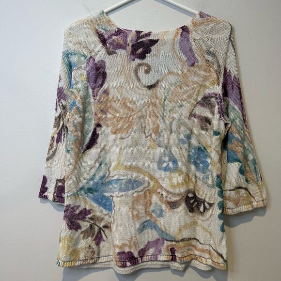 Chicos Womens Knit Sweater Sz 2P Watercolor Mulitcolored Art 3/4 Sleeve Spring - Picture 3 of 6